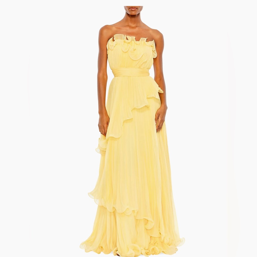 Never worn Mac Duggal Strapless Chiffon Pleated Tiered Ruffled Gown Yellow